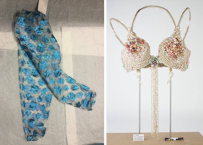Harem Pants - Blue Rose Pattern, Bernice Kopple and Brassiere - Beaded Pearls, Collage / Museums Victoria, photographers Janet Pathe and Karen Fisher