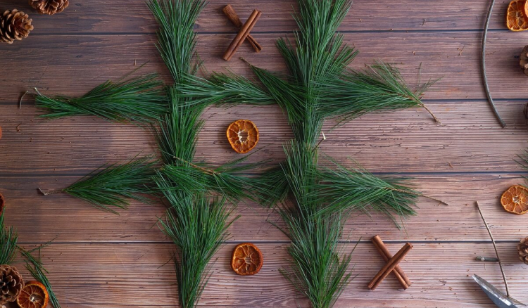A tic-tac-toe game made of Christmas tree branches, cinnamon sticks, and dried oranges